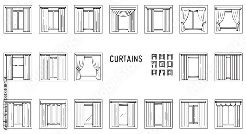 Different styles and types of window curtains, drawn in a black and white line art style, presented in rows