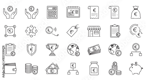 A collection of line art euro icons representing finance, economics, and moneyrelated themes such as savings, investments, and global economics