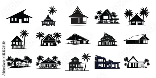 Silhouette collection of traditional southeast asian houses and buildings with palm trees
