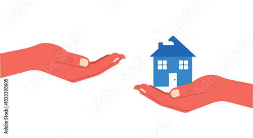 Blue House Icon in Red Hands, Conveying Ownership, Real Estate or a Generous Gift, set on a Clean White Background