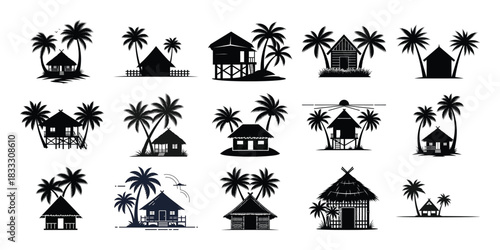 Tropical beach huts and palm trees black silhouette collection