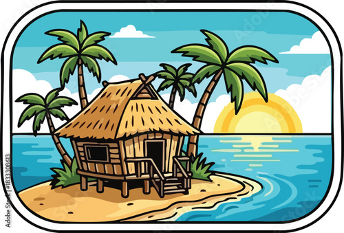 Tropical Island Hut Illustration with Palm Trees, Ocean View and Calm Sunset