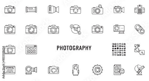 Collection of Photography and Media Icons Representing Cameras, Lenses, Editing Tools and Various Associated Objects on a White Background