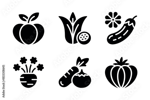 Black and white icons of various vegetables and plant elements set