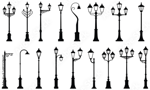 Street Lamp Silhouette Illustration in Black and White Vector Style Featuring Decorative Post Details, Historical Urban Lighting Elements, and Architectural Design Graphics for Creative Use