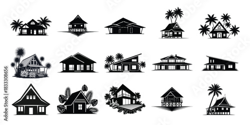 Set of black and white tropical house silhouettes with palm trees