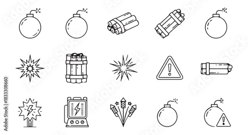 Collection of Line Art Illustrations Representing Explosives, Fireworks, Hazards, and Warning Signs in Black and White Style Design