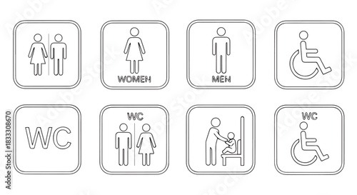 Basic outline public restroom icon set showing man and woman, accessible and family bathroom symbols on a white background