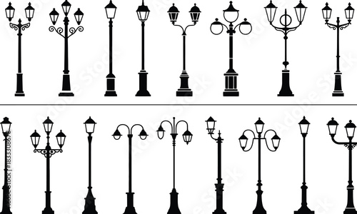 Street Lamp Silhouette Illustration in Black and White Vector Style Featuring Decorative Post Details, Historical Urban Lighting Elements, and Architectural Design Graphics for Creative Use