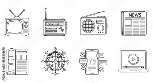 Icons depicting different forms of mass media communications, featuring television, radio, newspapers, social media, magazines, and internet content