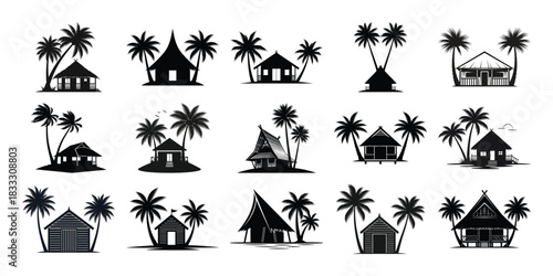Tropical hut silhouettes with palm trees set against a white background