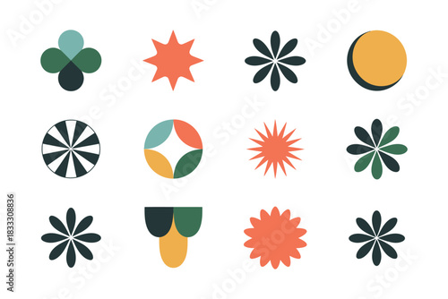Assorted geometric shapes including flowers stars and circles on a white background