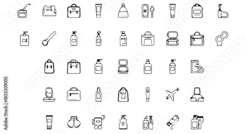 Seamless pattern illustration of black and white outline drawings representing diverse cosmetic and travel related items on a white background