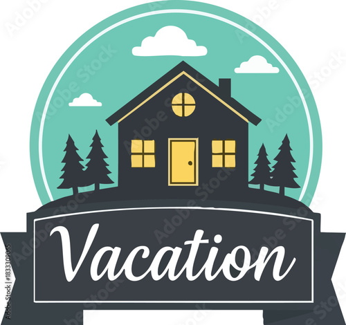 Vacation Home Getaway Cozy House with Trees and Clouds Illustration
