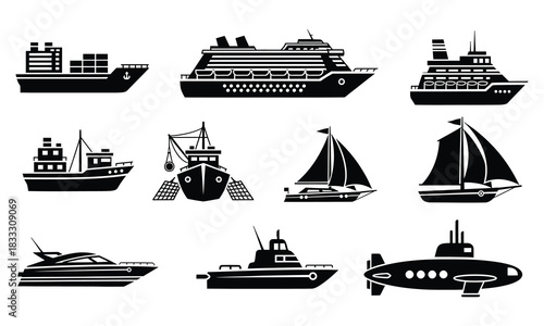 Set of black silhouette water transportation vessels, including ship,s boats, and submarine icons