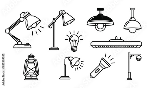Assortment of black line art lighting devices, such as lamps, bulbs, and flashlights, icons set