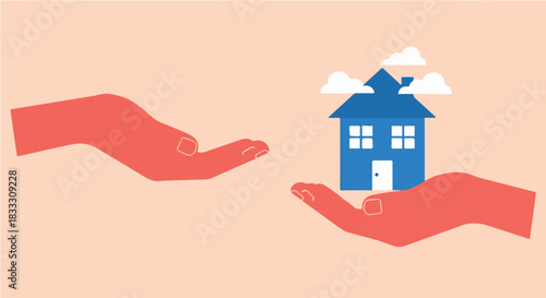 Hands Holding a Dream Home with Clouds, Suggesting Real Estate Investment, Security, and a Hopeful Future with Peach Background