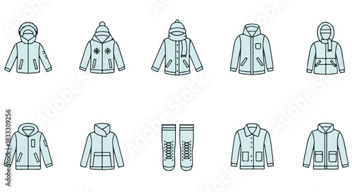 Vector Illustration Set of Winter Clothes Including Jackets, Hoodies and Socks for Winter Fashion and Apparel Designs