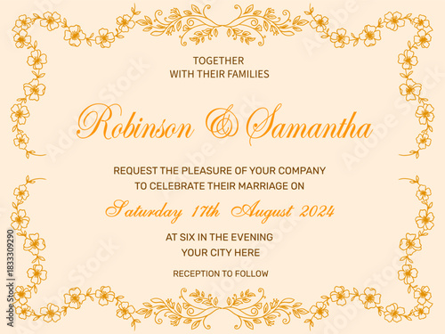 Elegant wedding invitation card with golden floral borders for Robinson and Samantha's marriage celebration on August 17, 2024.