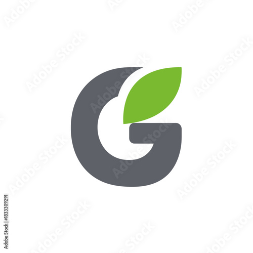 Abstract letter g logo with green leaf element on white background