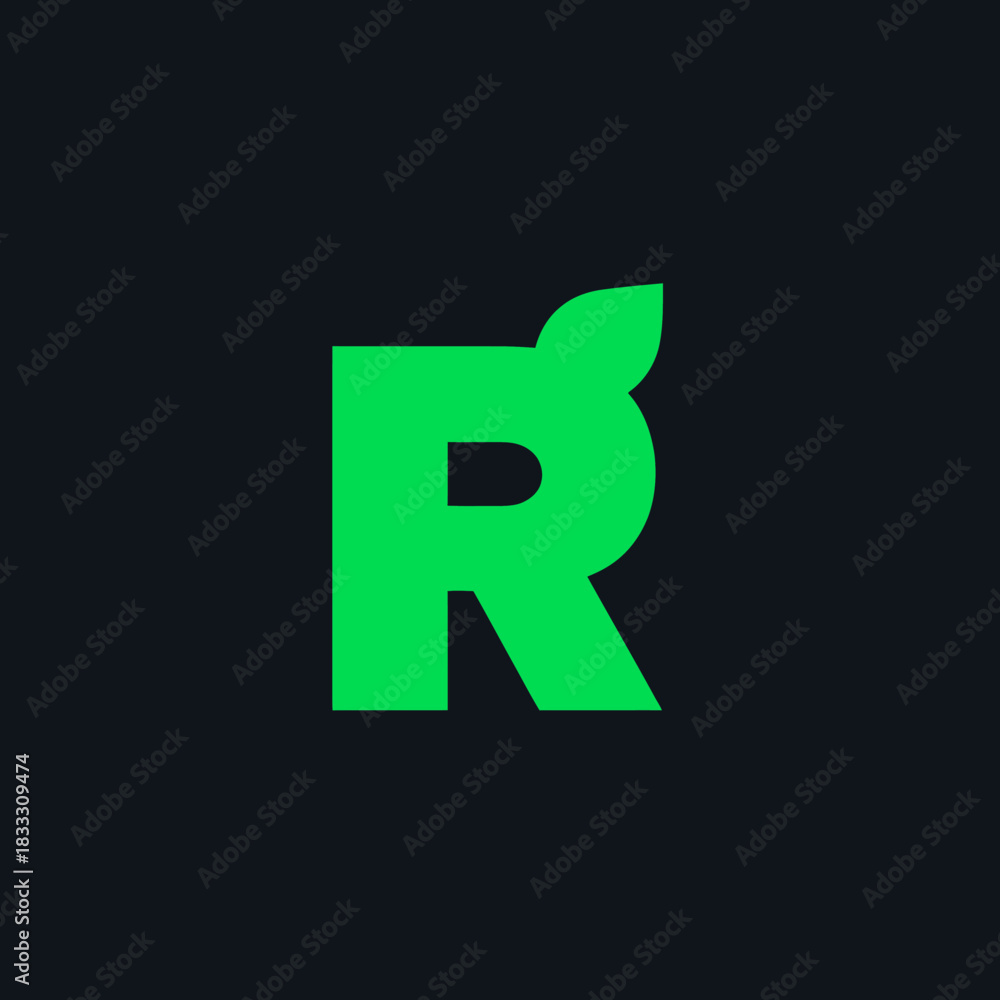 Fototapeta premium Green initial r with leaf element on dark background for design