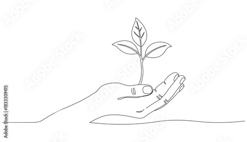 Minimalist continuous line drawing of a small green sprout growing from an open human hand