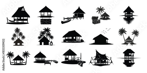 Silhouette collection of overwater bungalows and tropical island huts on water