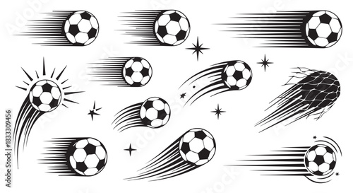 Collection of black and white stylized soccer balls in motion, depicted with speed lines and star effects, isolated on transparent background