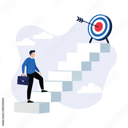 Businessman climbing stairs toward target with arrow hitting bullseye, concept of career growth and goal achievement