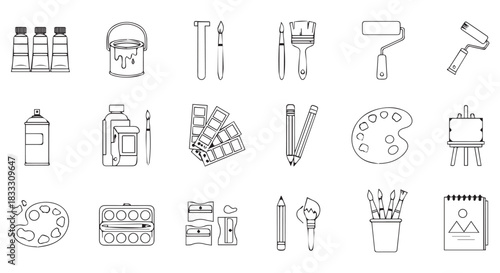 Collection of black and white line art icons representing various painting and art supply tools, isolated on transparent background