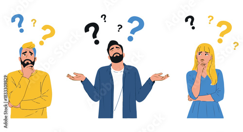 Three diverse people showing confusion and uncertainty with question marks floating above their heads, isolated on transparent background