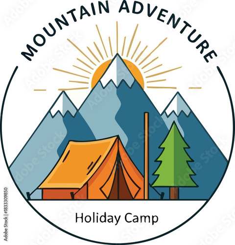 Mountain Adventure Holiday Camp with Tent and Peaks Illustration