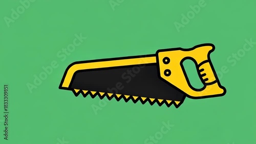 Cartoon illustration of a yellow and black hand saw against a green background