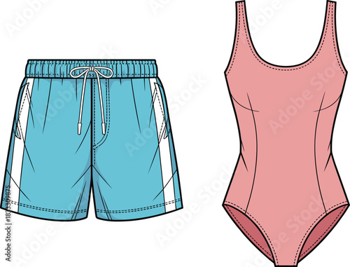 Blue swim shorts with white stripes and a pink one-piece swimsuit fashion flat sketch apparel blank