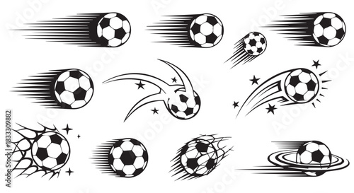 Collection of dynamic black and white soccer ball icons illustrating various motion effects, speed lines, and impact moments, isolated on transparent background