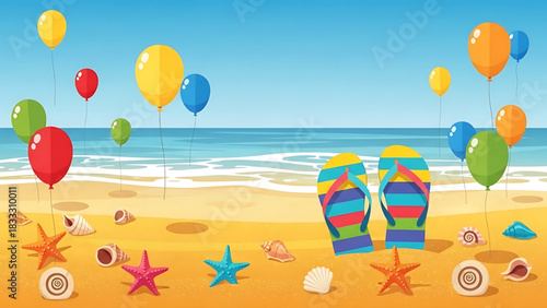 Colorful summer beach scene with balloons, flip flops, and sea life.