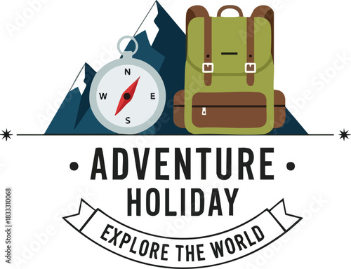 Adventure Holiday Vector Compass, Backpack, and Mountain Peaks for Travel and Exploration