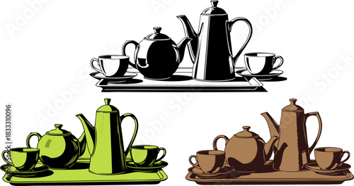 Elegant tea set arrangement with teacups and teapots in a minimalist design style