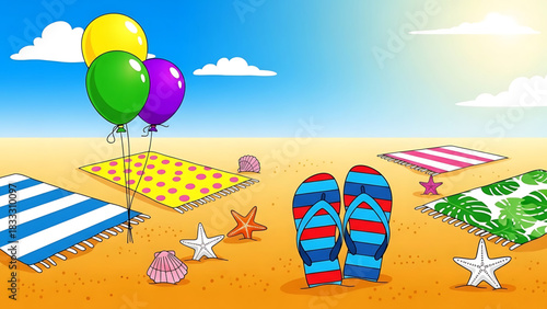 Cartoon beach scene with colorful balloons, towels, and flip-flops on sand.