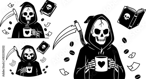 Grim reaper enjoys coffee and books in a spooky yet cozy monochrome illustration