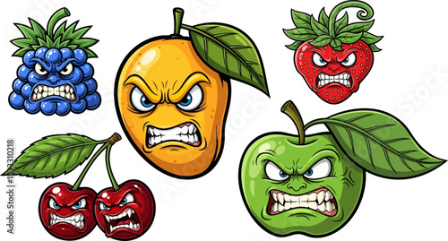 Cartoon fruits showing angry expressions with detailed shading and vibrant colors