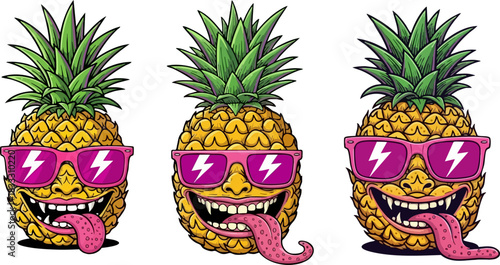 Three cartoon pineapples wearing sunglasses with faces and tongues sticking out