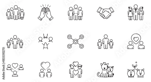Collection of black and white line art icons representing teamwork, community, relationship, support, and connection concepts isolated on transparent background