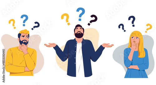 Three diverse people expressing confusion and uncertainty with question marks floating above their heads, isolated on transparent background