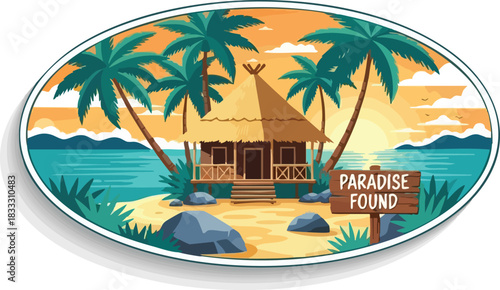 Seaside Paradise Found Tropical Island Getaway with Hut, Palms, and Ocean View