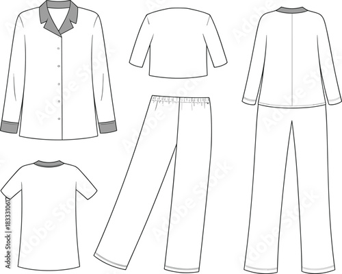 Flat sketches of a pajama set including a long sleeve shirt, t-shirt, and pants pajamas sleepwear