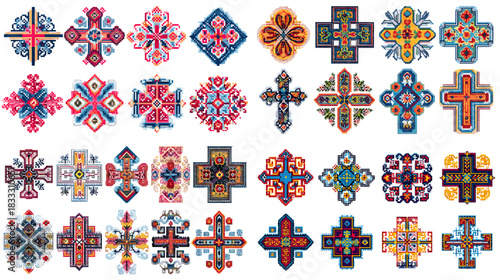 Collection of colorful cross motifs and geometric patterns featuring bold shapes, decorative details, and vibrant cultural design elements inspired by traditional folk art.