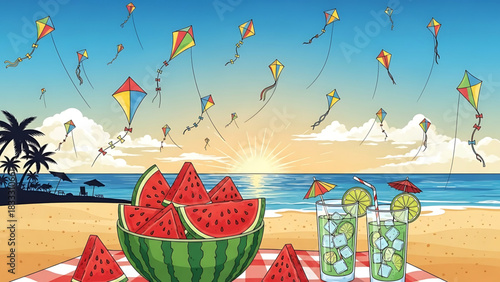 Beach picnic with kites and refreshing drinks on a summer day