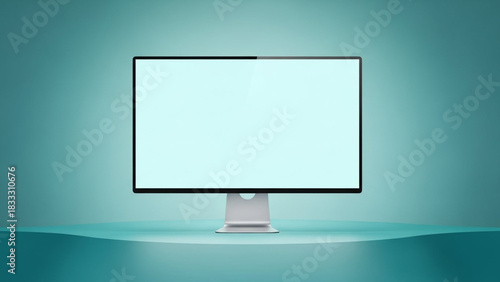 Modern desktop computer monitor with blank screen resting on a teal surface against a softly lit teal gradient background, perfect for mockup presentation or digital display
