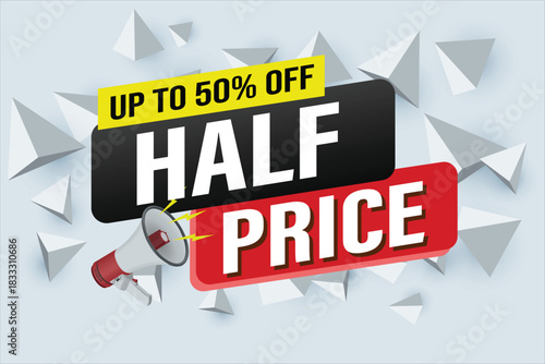 half price sale word mega phone concept vector illustration and 3d style, landing page, template, ui, web, mobile app, poster, banner, flyer, background, gift card, coupon, label, wallpaper

